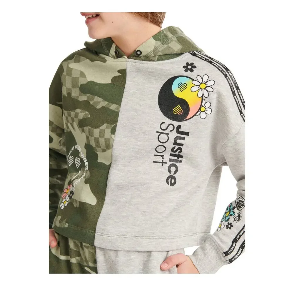 3 Piece girls clothing Size 5/6.  1 Outfit & 1 Justice Hoodie Camo Green Purple